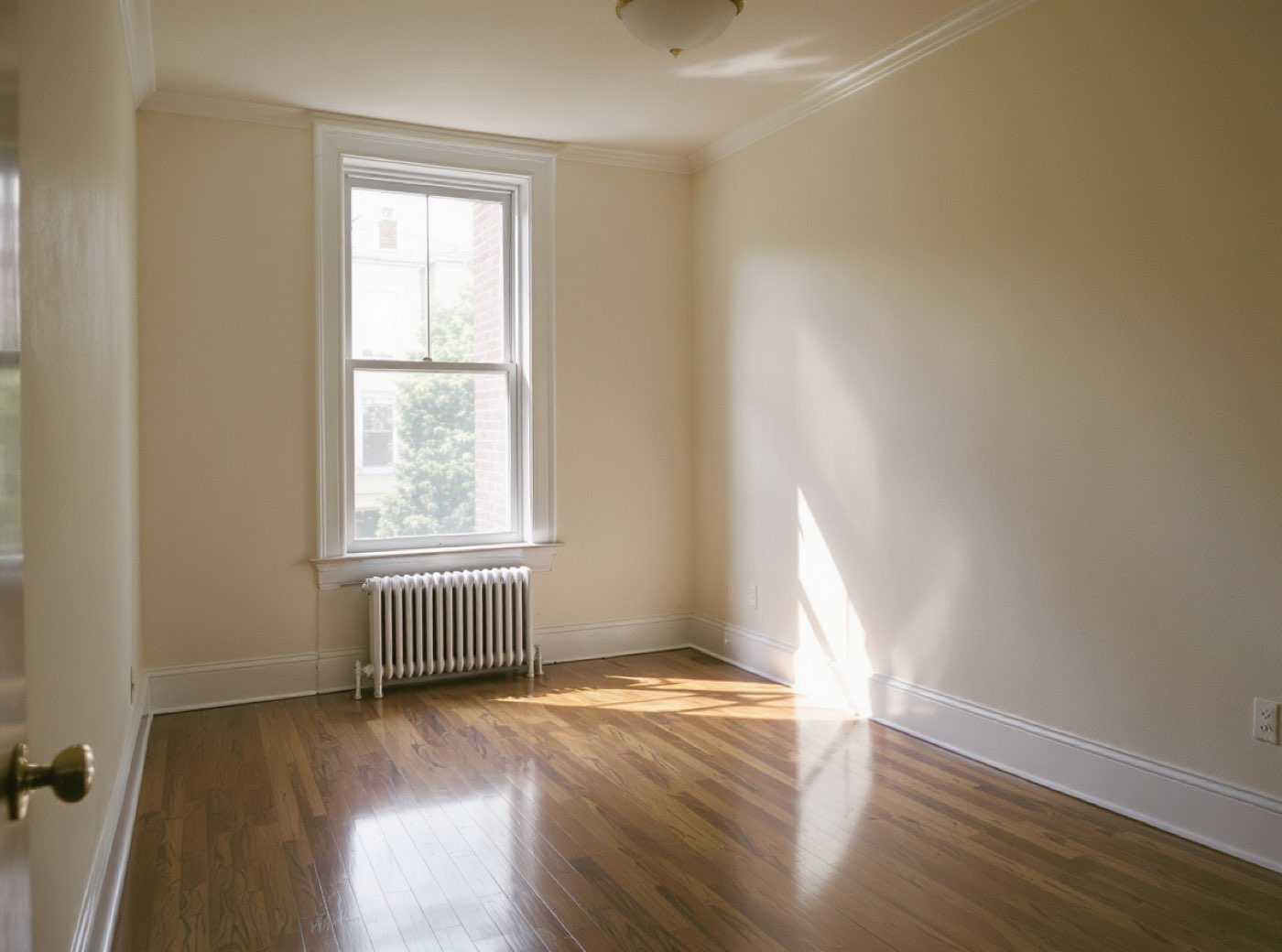Sunlit living room of a renovated Philadelphia rowhouse with exposed brick