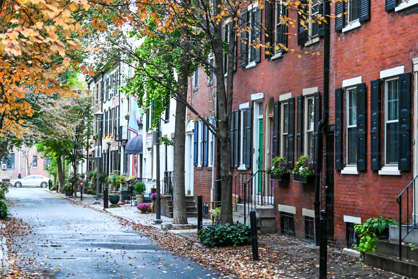 Tree-lined Philadelphia street with brick rowhouses in autumn
