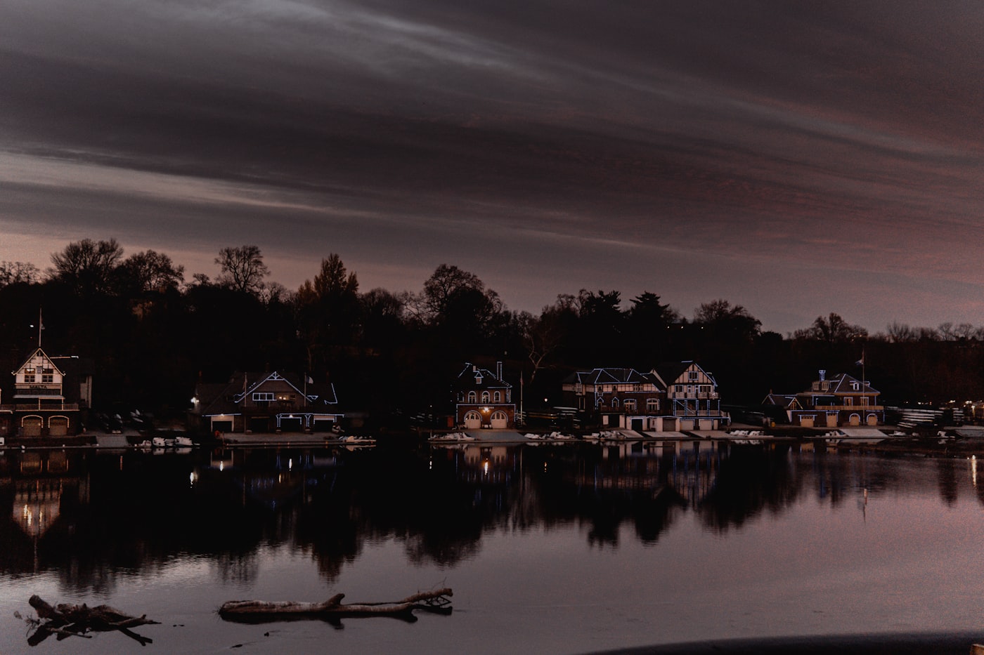 Boathouse Row along the Schuylkill River at dusk