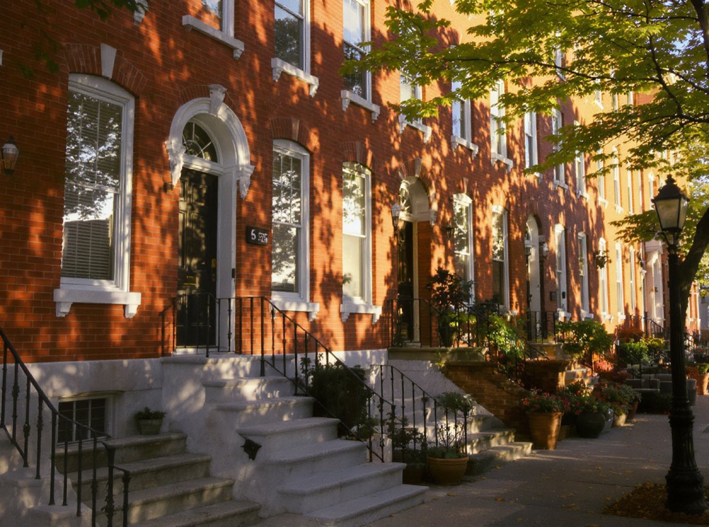 Sunlit Philadelphia rowhouse block with brick facades and marble steps